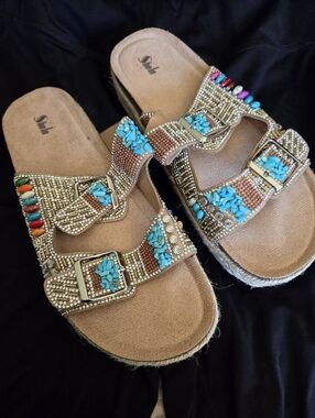 Beaded Turquoise Embellished Women's Slide Sandals